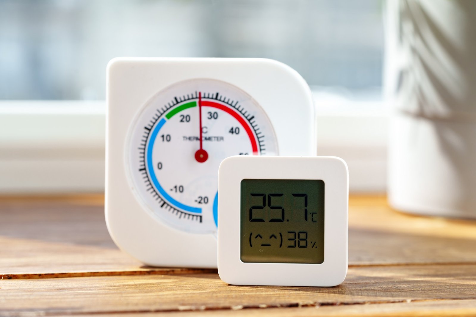 Digitales Hygrometer auf einem Fensterbrett in einem Wohnraum